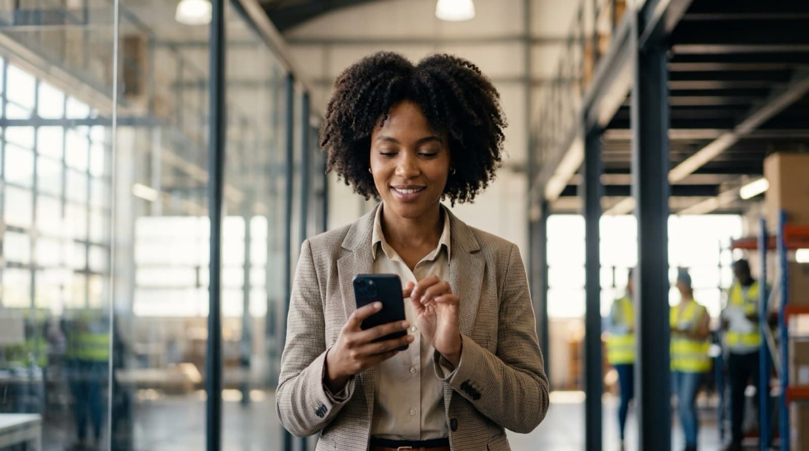 A Black African manager approving a request on her phone