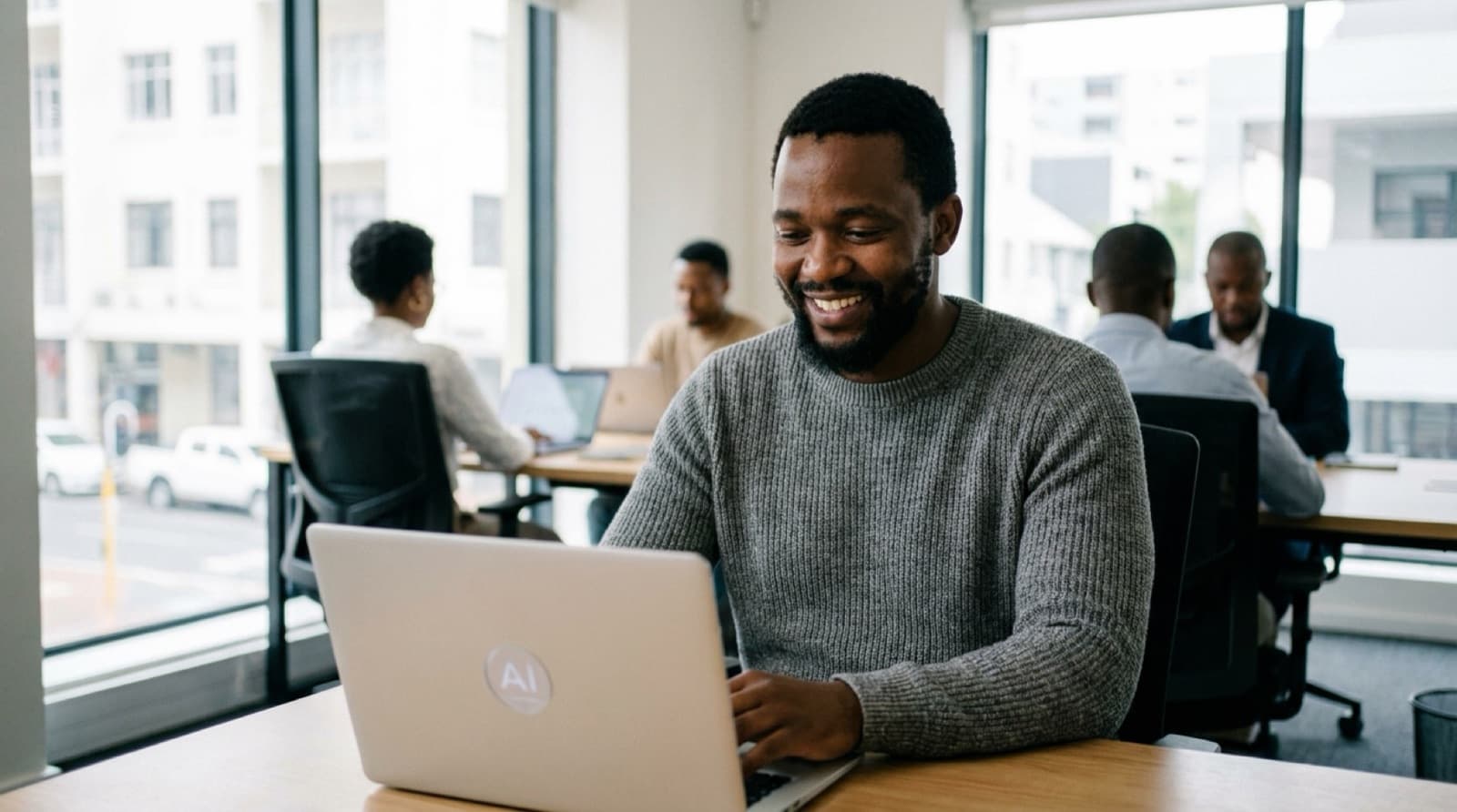 A Black African professional smiling while working on a laptop in an open plan office