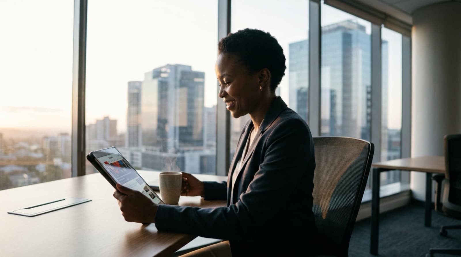 A Black African executive reading a brief on a tablet by an office window