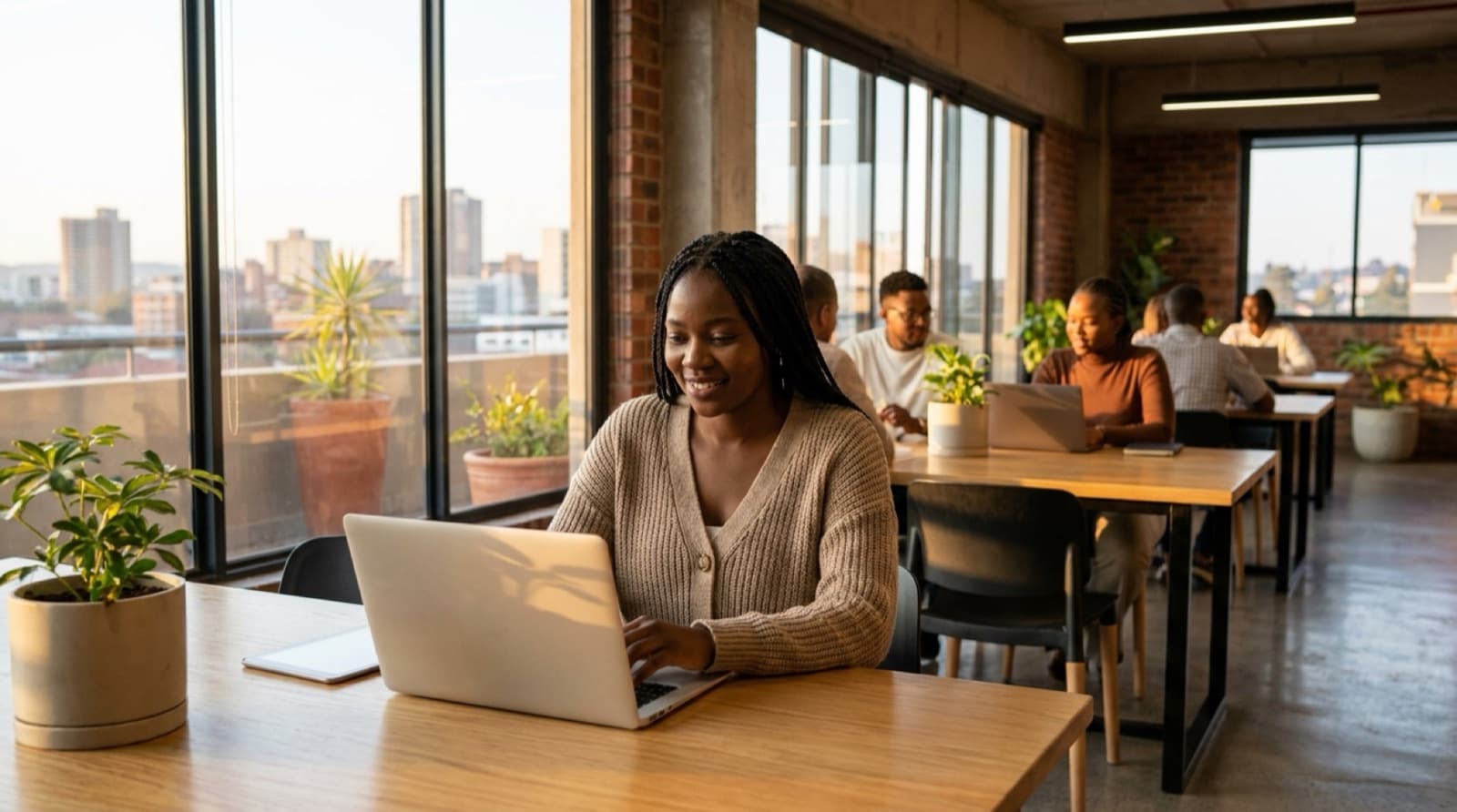 A Black African professional working on a laptop in a busy office
