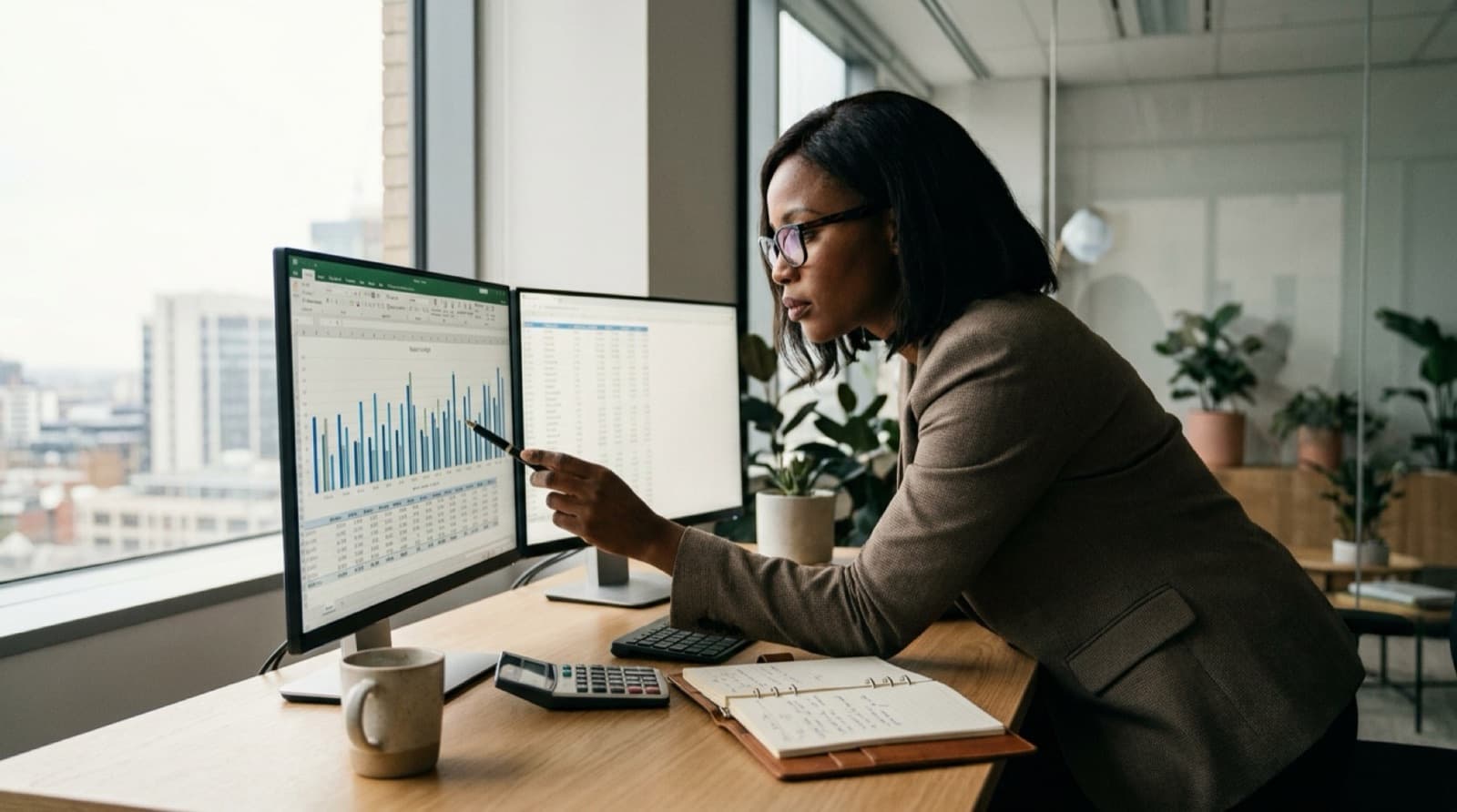 A Black African finance manager pointing at charts on two screens