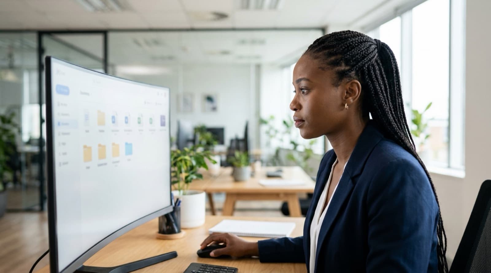 A Black African professional searching company documents on a wide screen