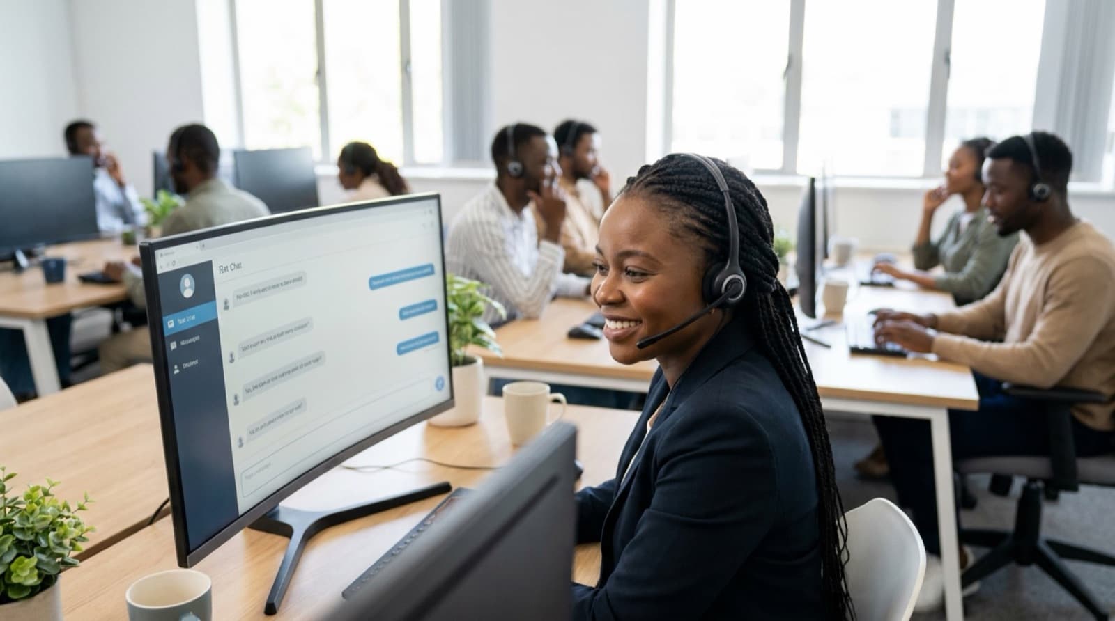 A Black African customer service agent with a headset at her desk