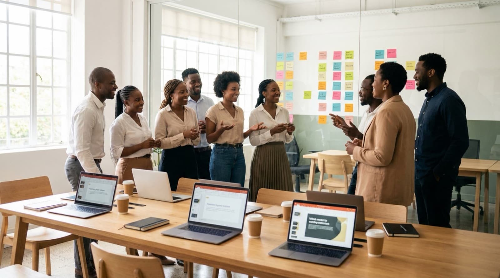 A team of Black African professionals planning a workflow together with sticky notes and laptops